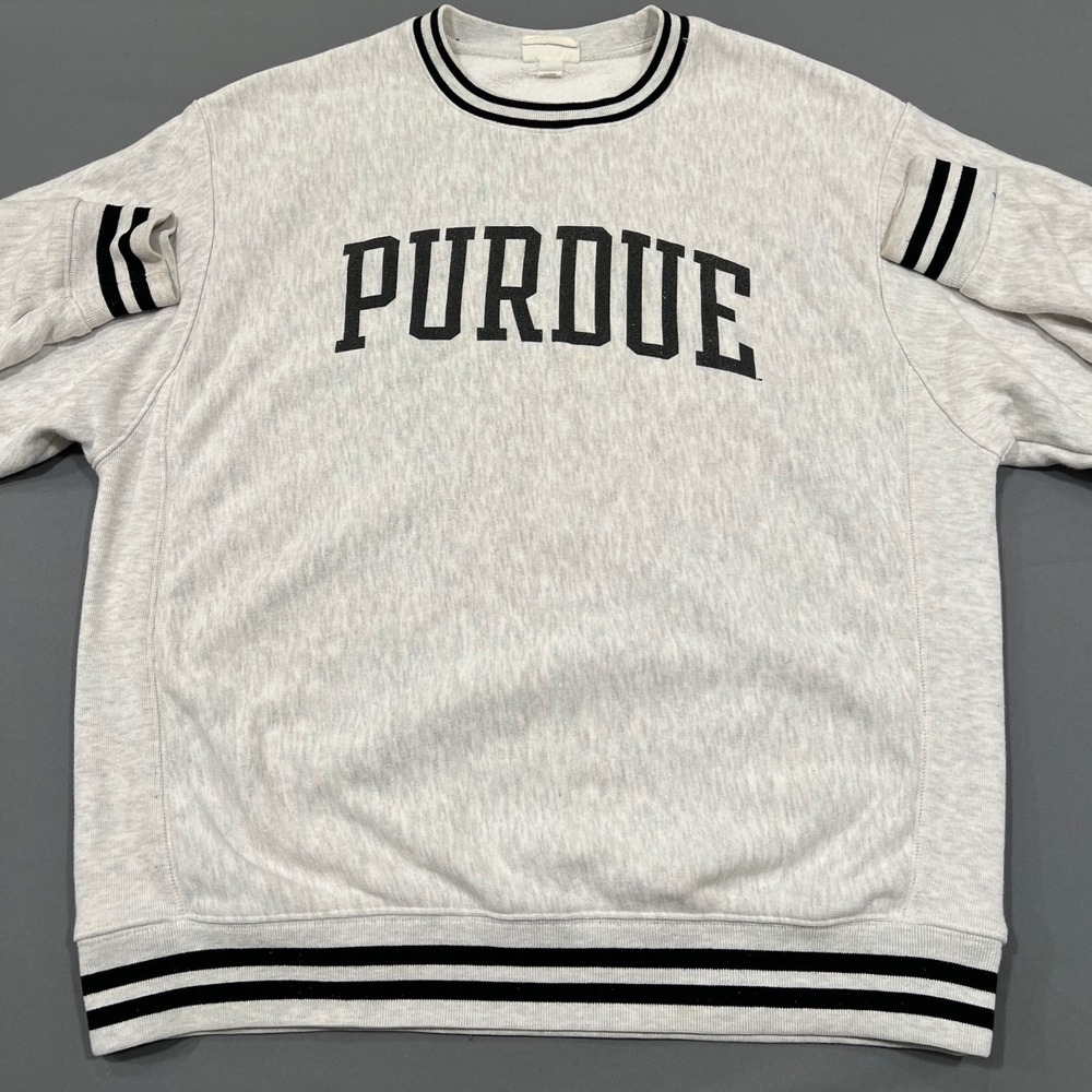 Champion Reverse Weave Purdue University Sweatshirt Grey Striped Trim Large